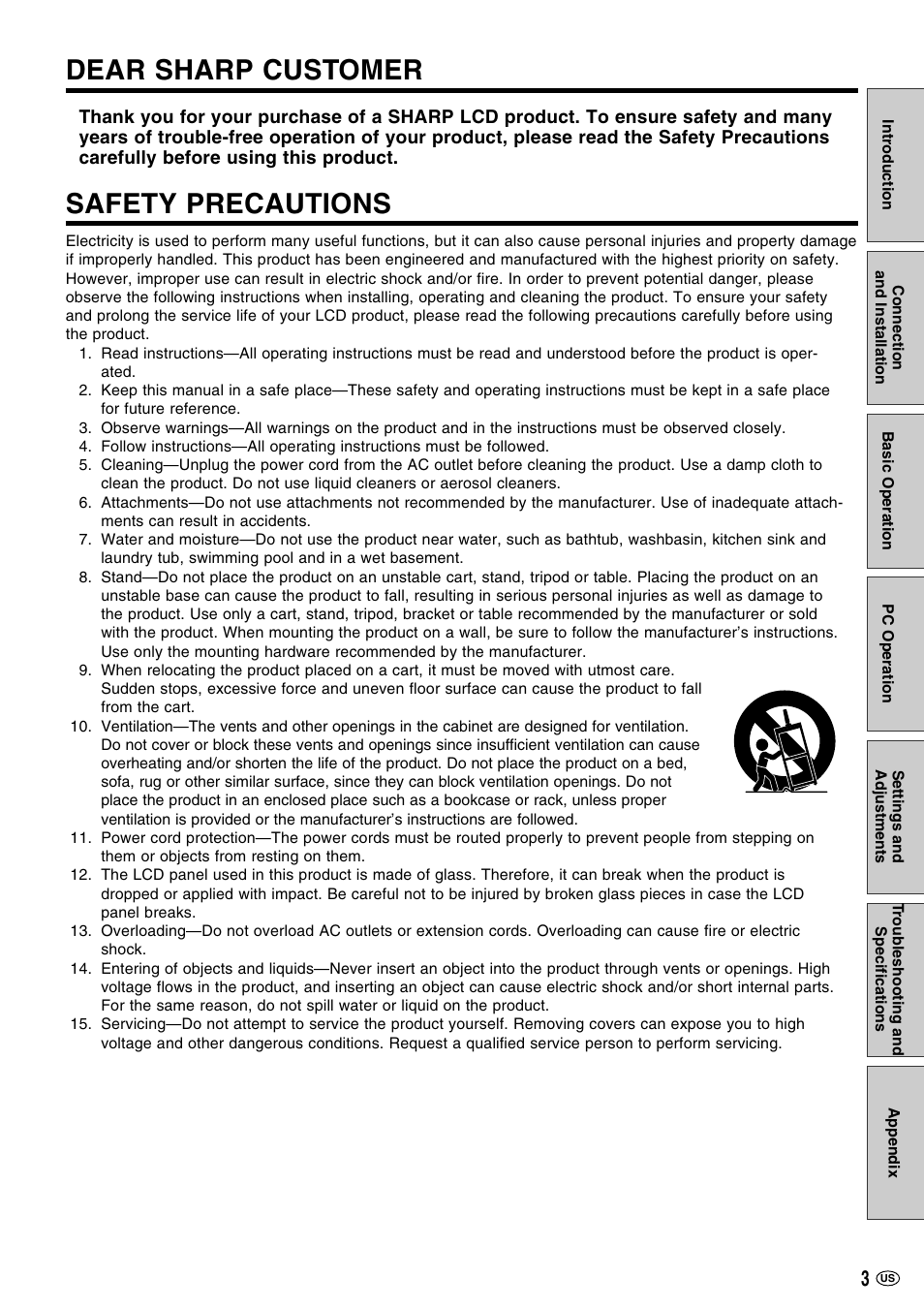Safety precautions, Dear sharp customer | Sharp LC-M3700 User Manual | Page 4 / 73