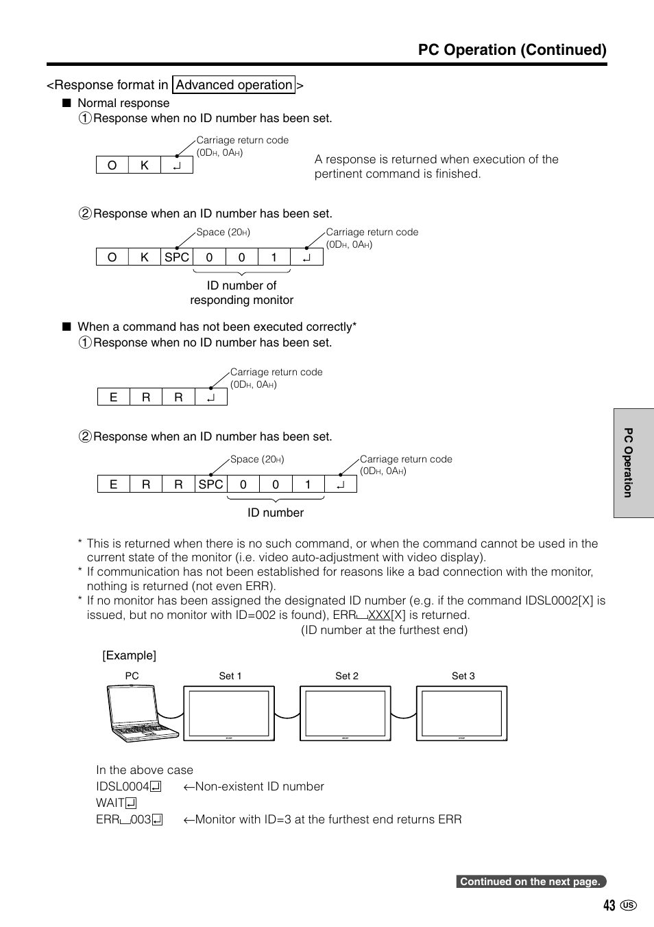 Pc operation (continued), Response format in advanced operation | Sharp LC-M3700 User Manual | Page 44 / 73