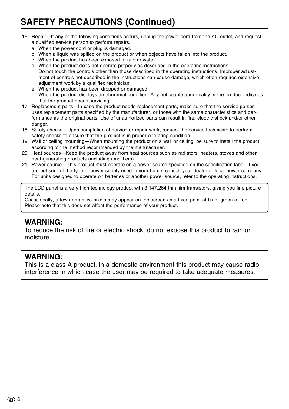 Safety precautions (continued), Warning | Sharp LC-M3700 User Manual | Page 5 / 73