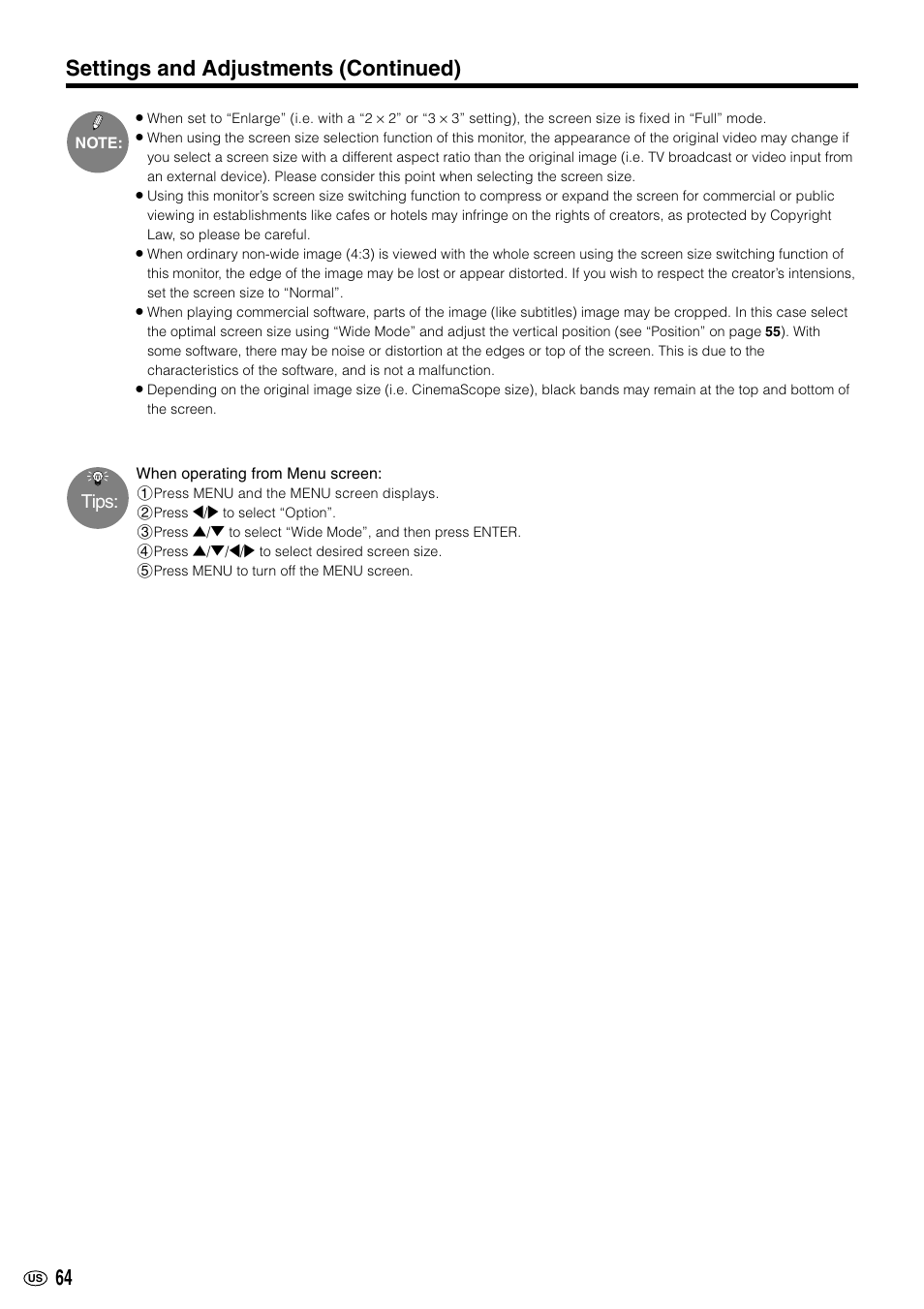 Settings and adjustments (continued), Tips | Sharp LC-M3700 User Manual | Page 65 / 73