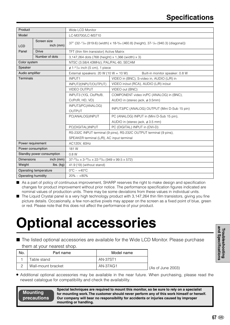 Optional accessories, Specifications, Mounting precautions | Sharp LC-M3700 User Manual | Page 68 / 73