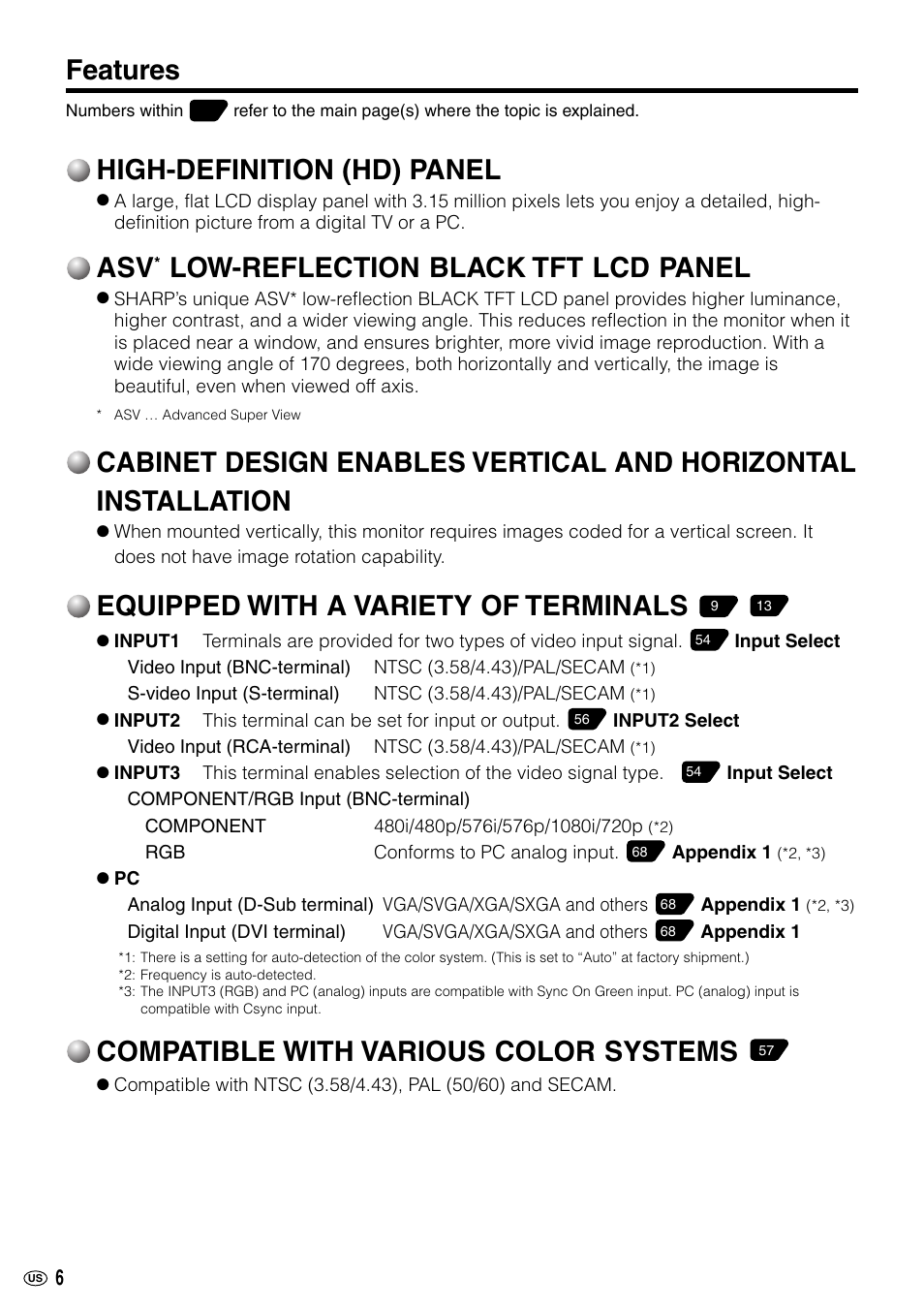 Features high-definition (hd) panel, Low-reflection black tft lcd panel, Equipped with a variety of terminals | Compatible with various color systems | Sharp LC-M3700 User Manual | Page 7 / 73