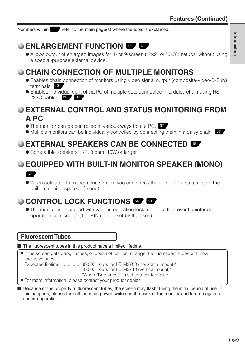 Enlargement function, Chain connection of multiple monitors, External control and status monitoring from a pc | External speakers can be connected, Equipped with built-in monitor speaker (mono), Control lock functions | Sharp LC-M3700 User Manual | Page 8 / 73