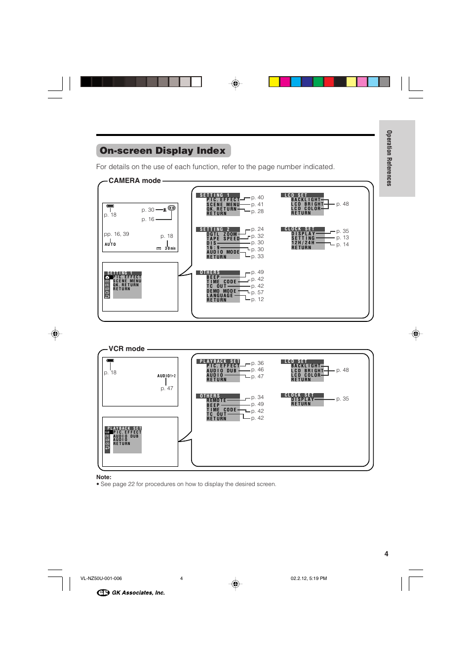 On-screen display index, Camera mode vcr mode | Sharp VL-NZ50U User Manual | Page 17 / 84