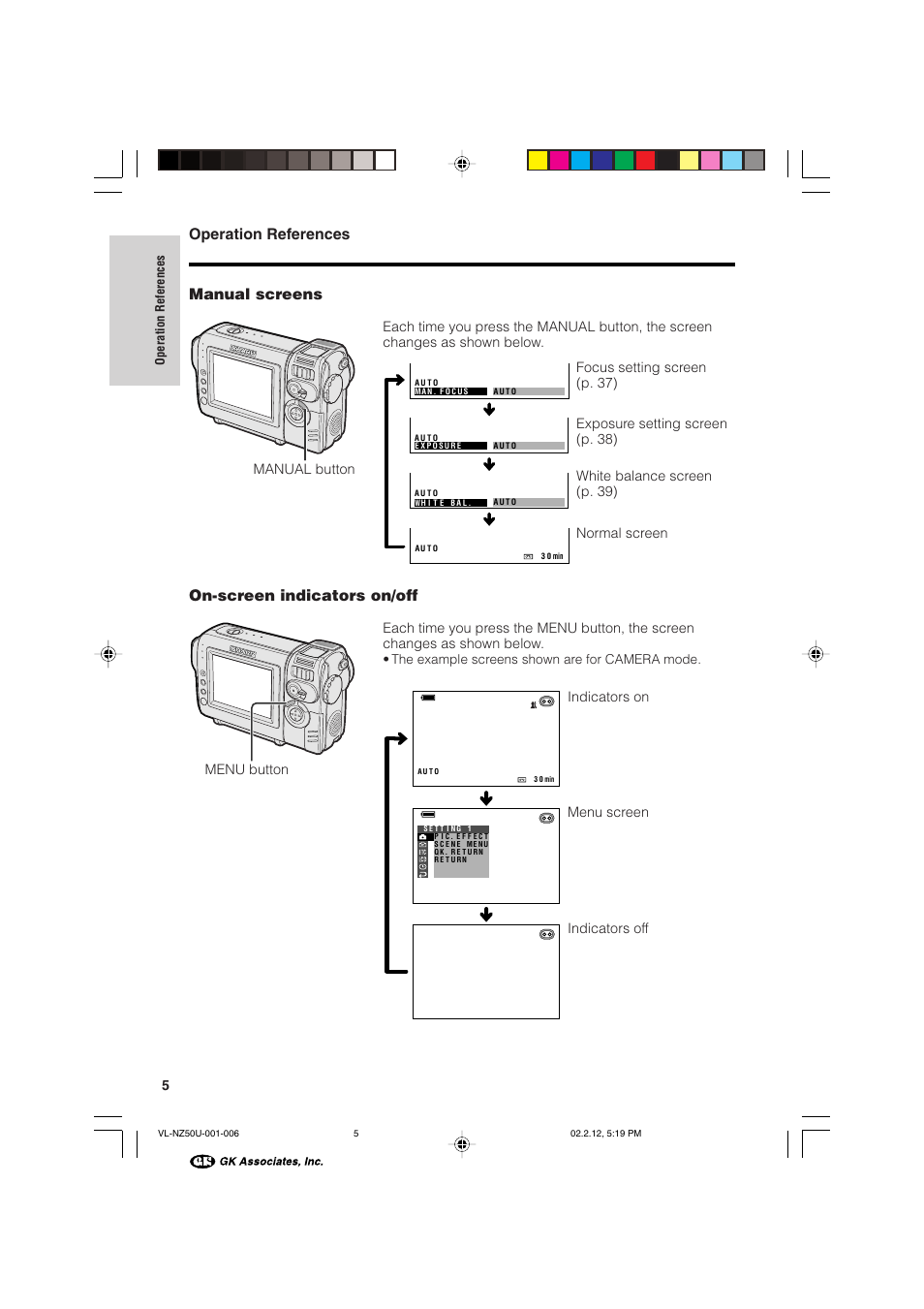 Operation references, Manual screens on-screen indicators on/off | Sharp VL-NZ50U User Manual | Page 18 / 84