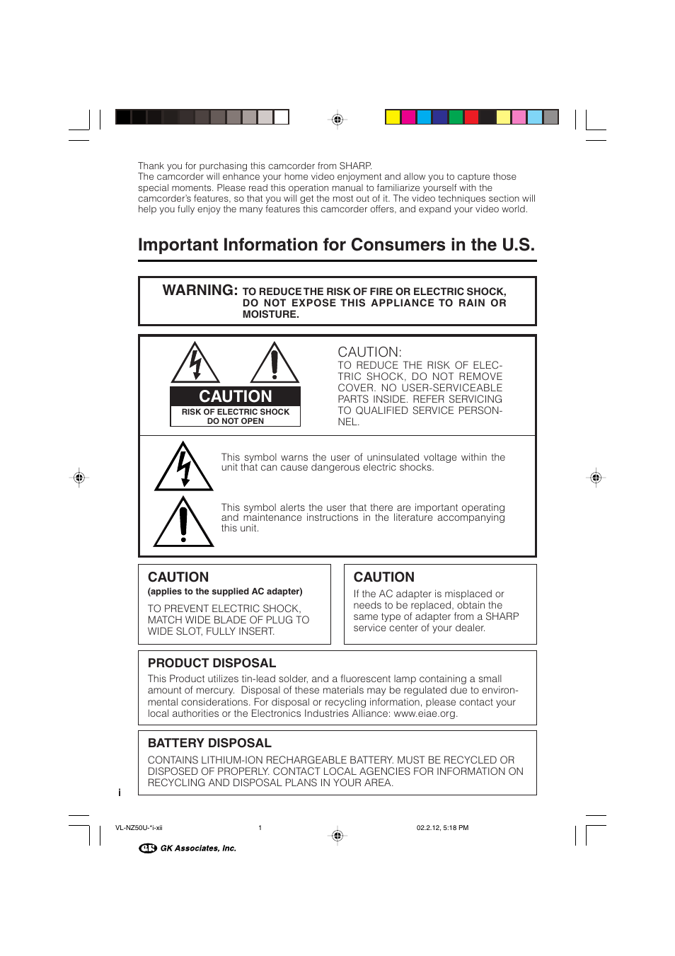 Important information for consumers in the u.s, Caution, Warning | Sharp VL-NZ50U User Manual | Page 2 / 84