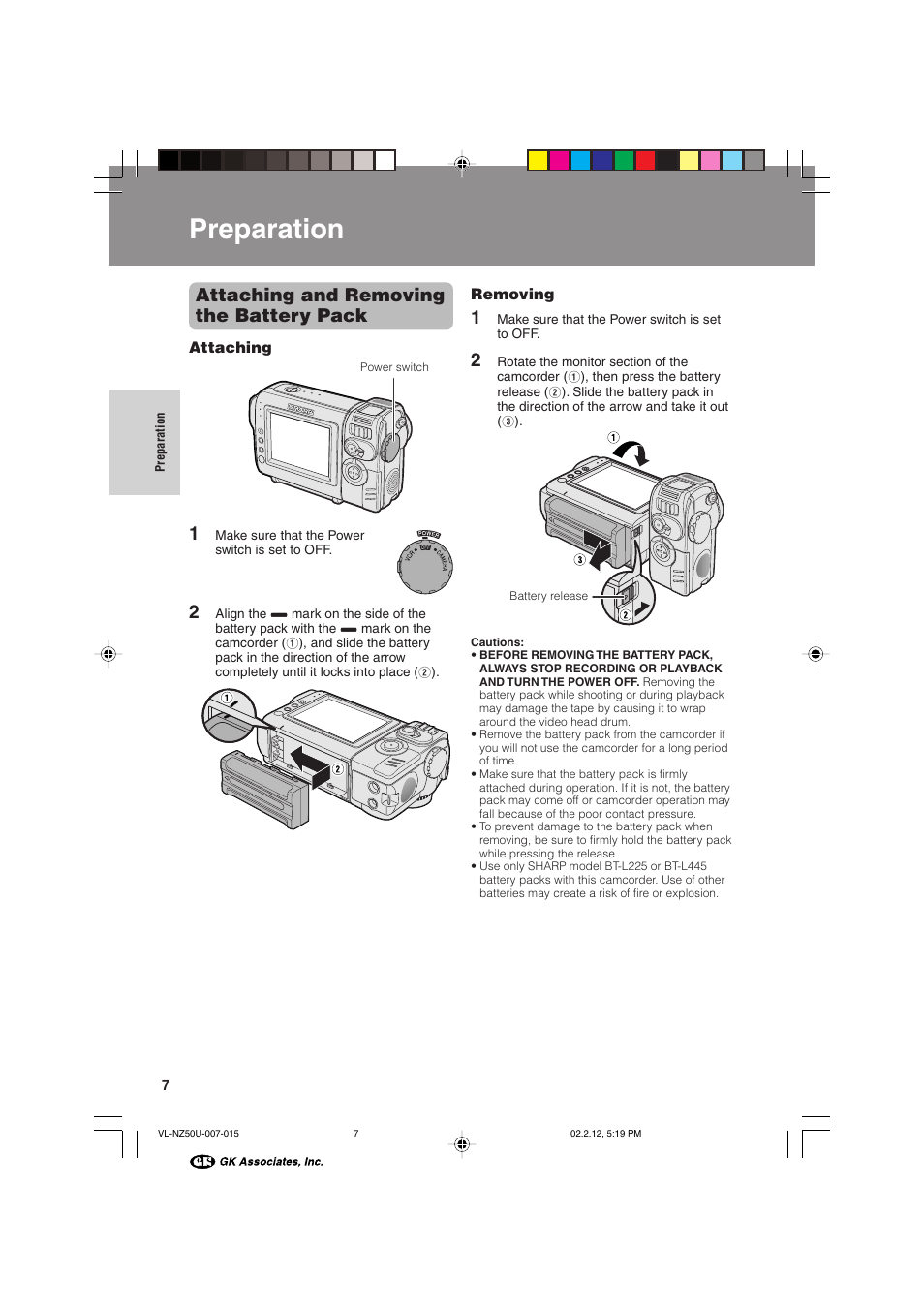 Preparation, Attaching and removing the battery pack | Sharp VL-NZ50U User Manual | Page 20 / 84