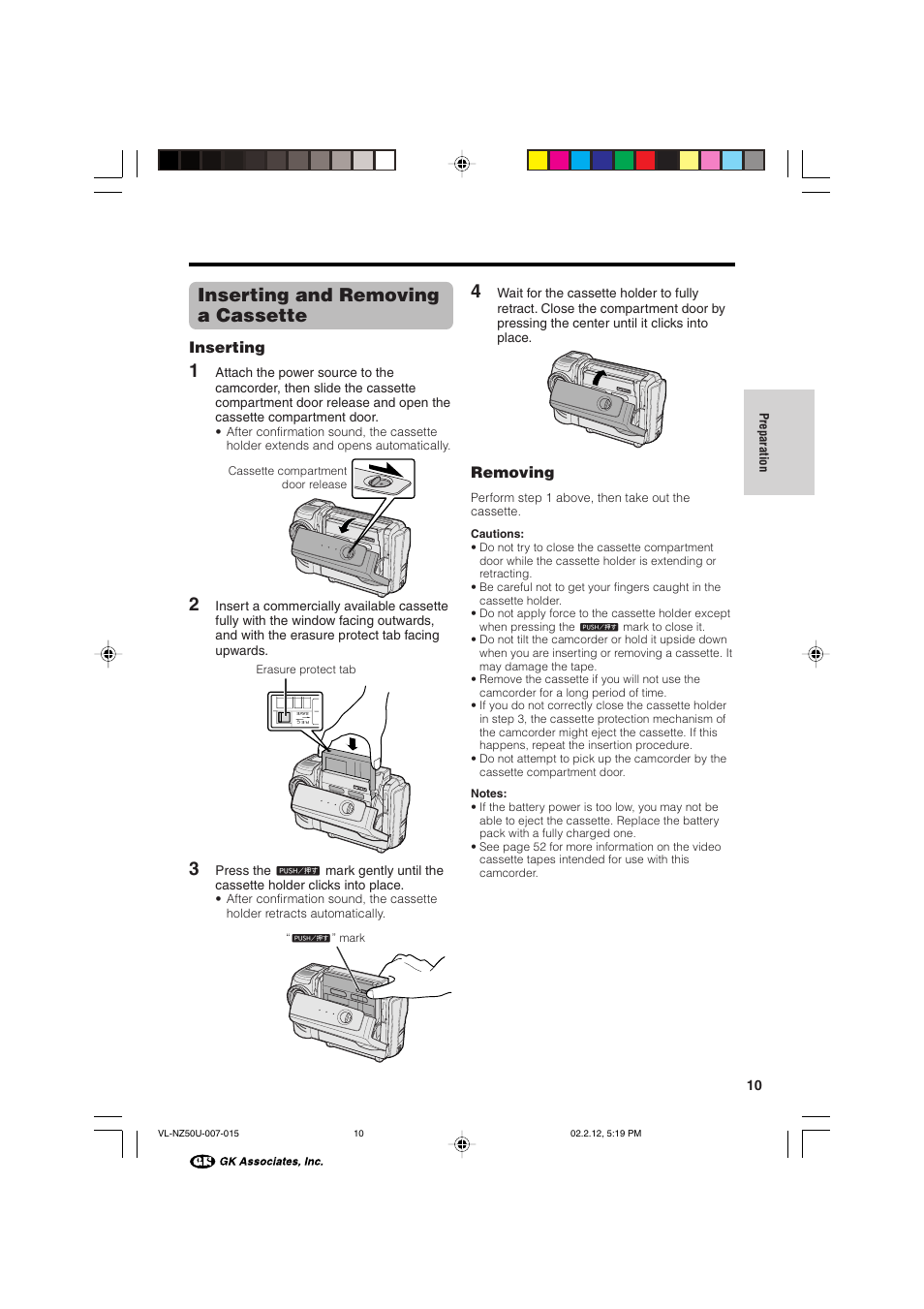 Inserting and removing a cassette, Inserting, Removing | Sharp VL-NZ50U User Manual | Page 23 / 84