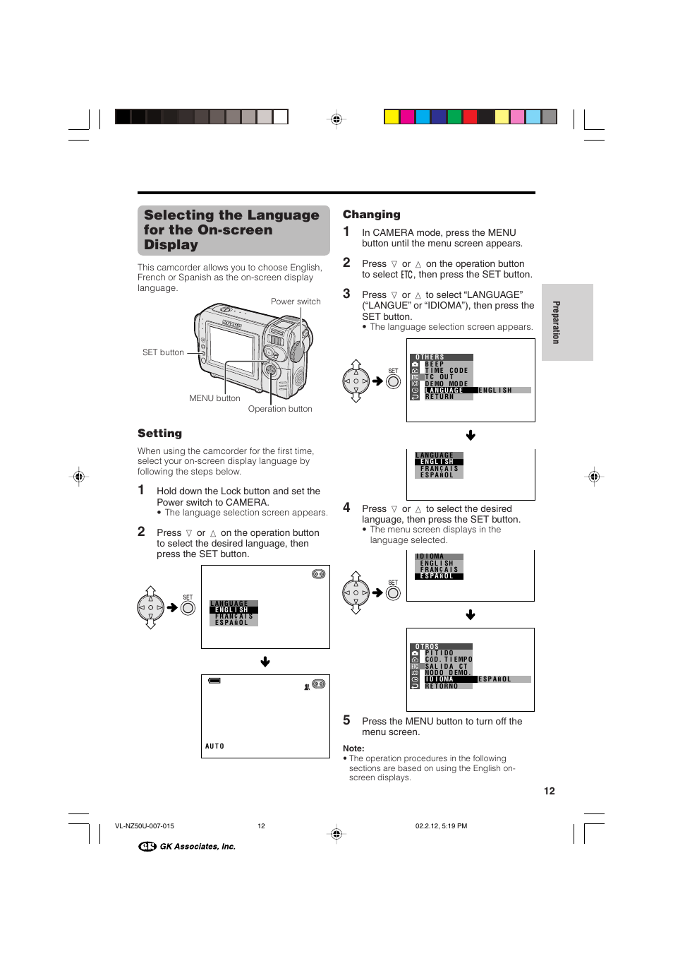 Selecting the language for the on-screen display, Setting, Changing | Sharp VL-NZ50U User Manual | Page 25 / 84