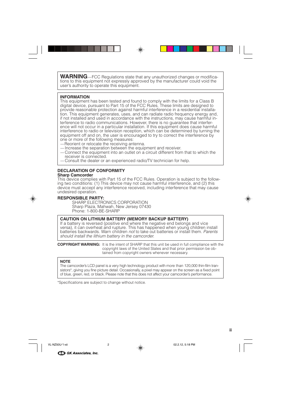 Warning | Sharp VL-NZ50U User Manual | Page 3 / 84