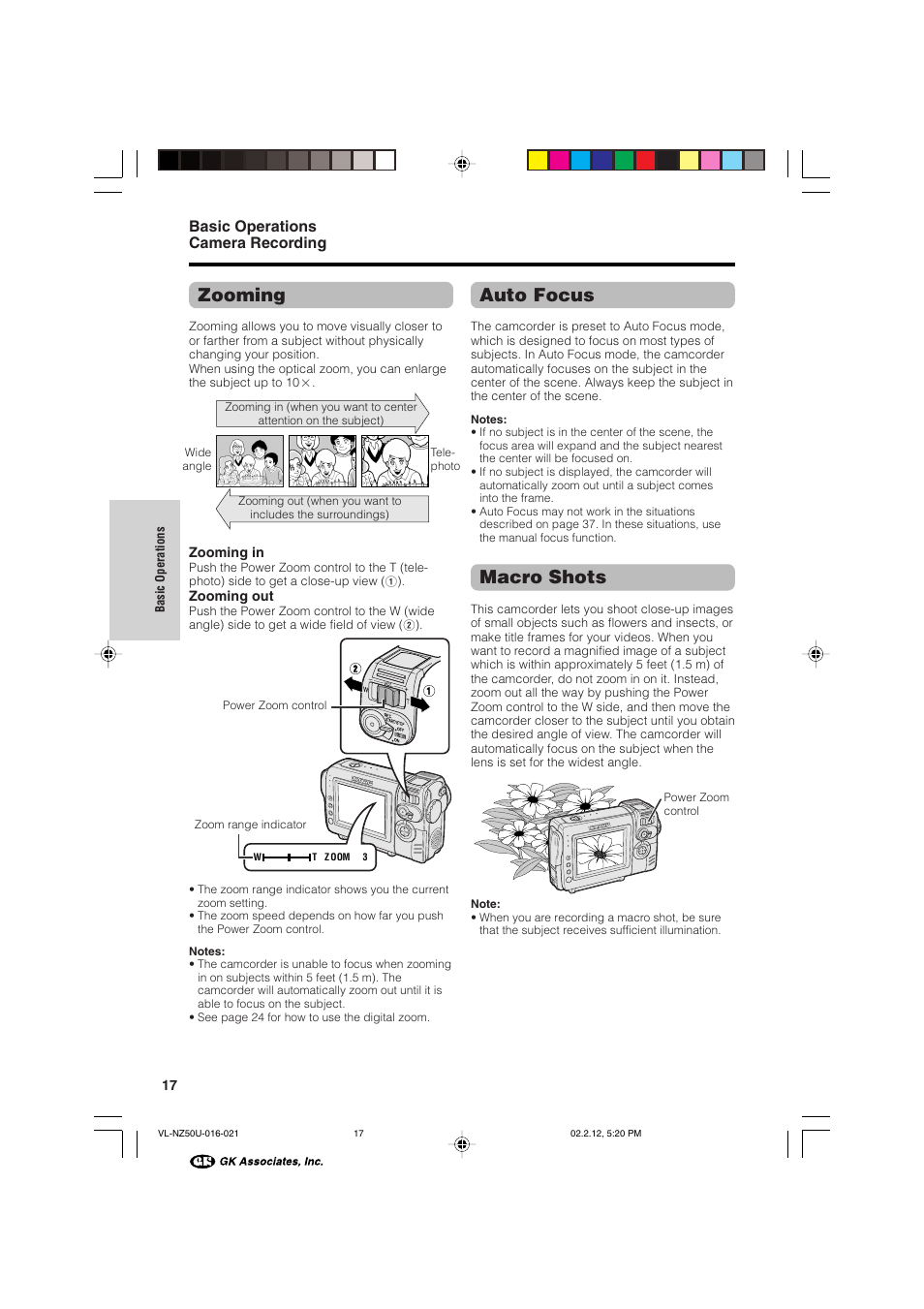 Zooming, Auto focus, Macro shots | Basic operations camera recording | Sharp VL-NZ50U User Manual | Page 30 / 84