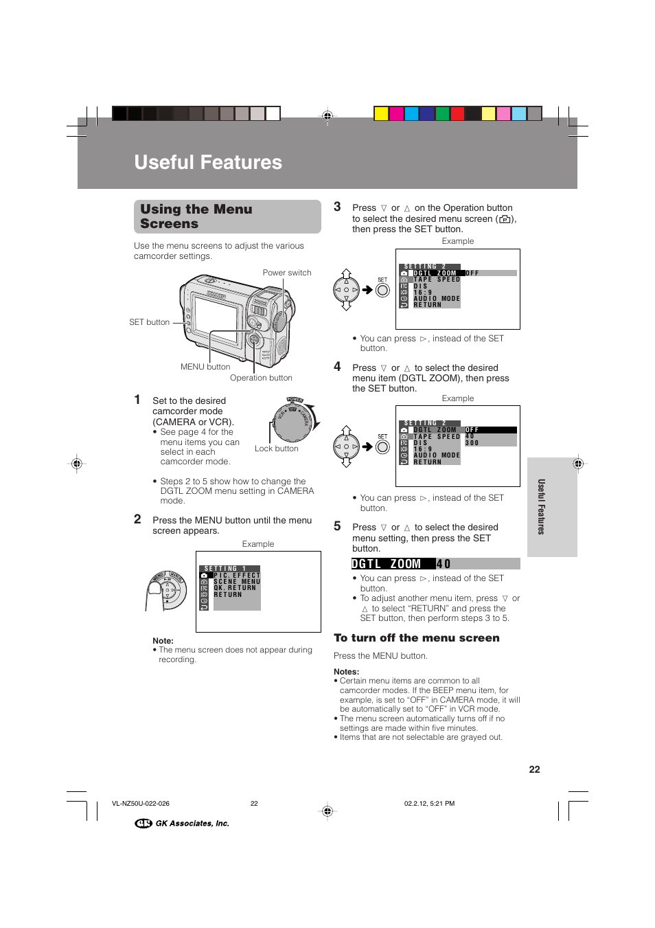 Useful features, Using the menu screens, 04 dg t l zoom | Sharp VL-NZ50U User Manual | Page 35 / 84