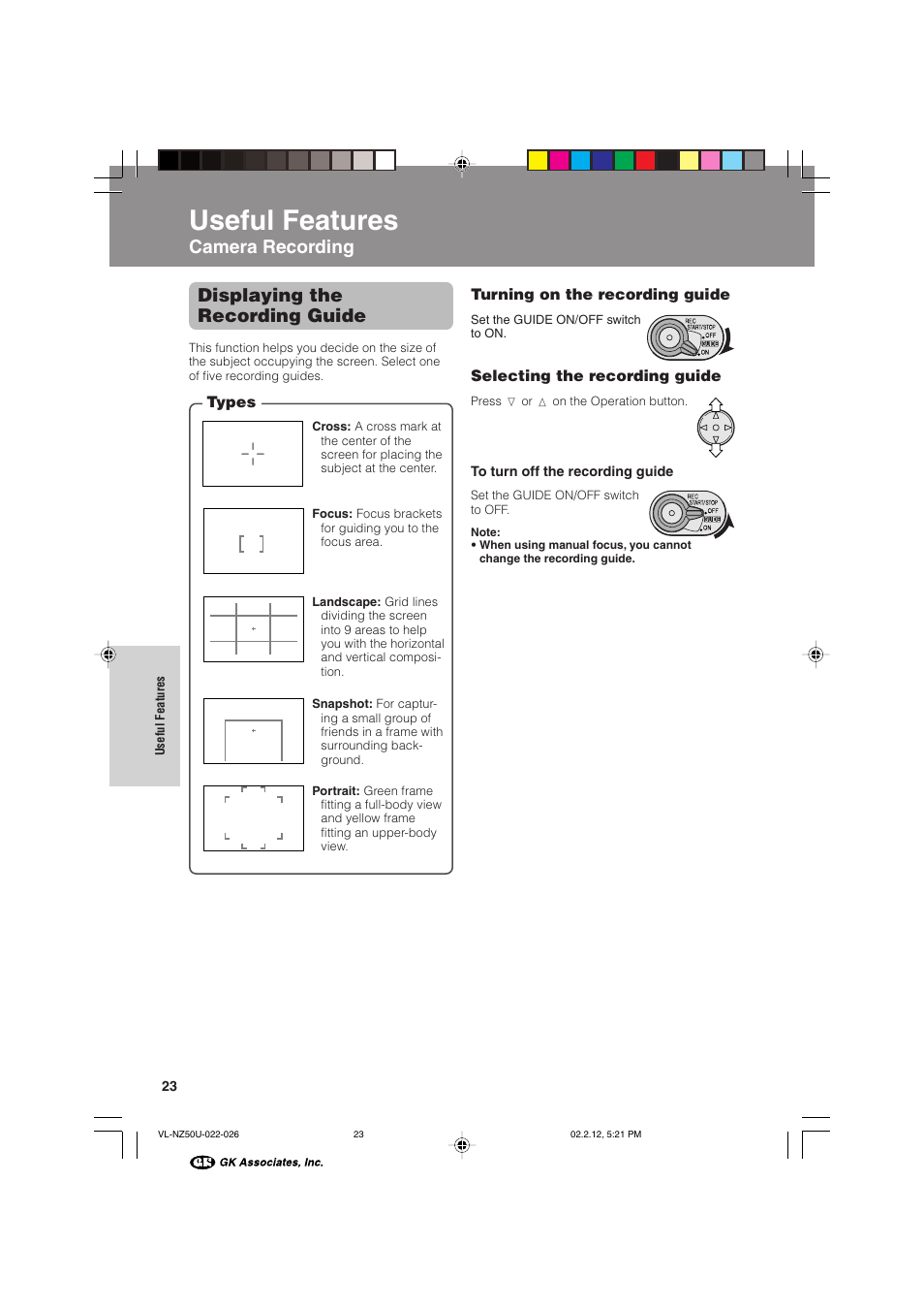 Useful features, Camera recording displaying the recording guide | Sharp VL-NZ50U User Manual | Page 36 / 84