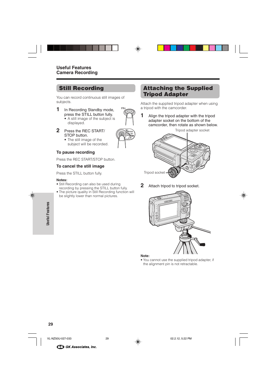 Still recording, Attaching the supplied tripod adapter | Sharp VL-NZ50U User Manual | Page 42 / 84