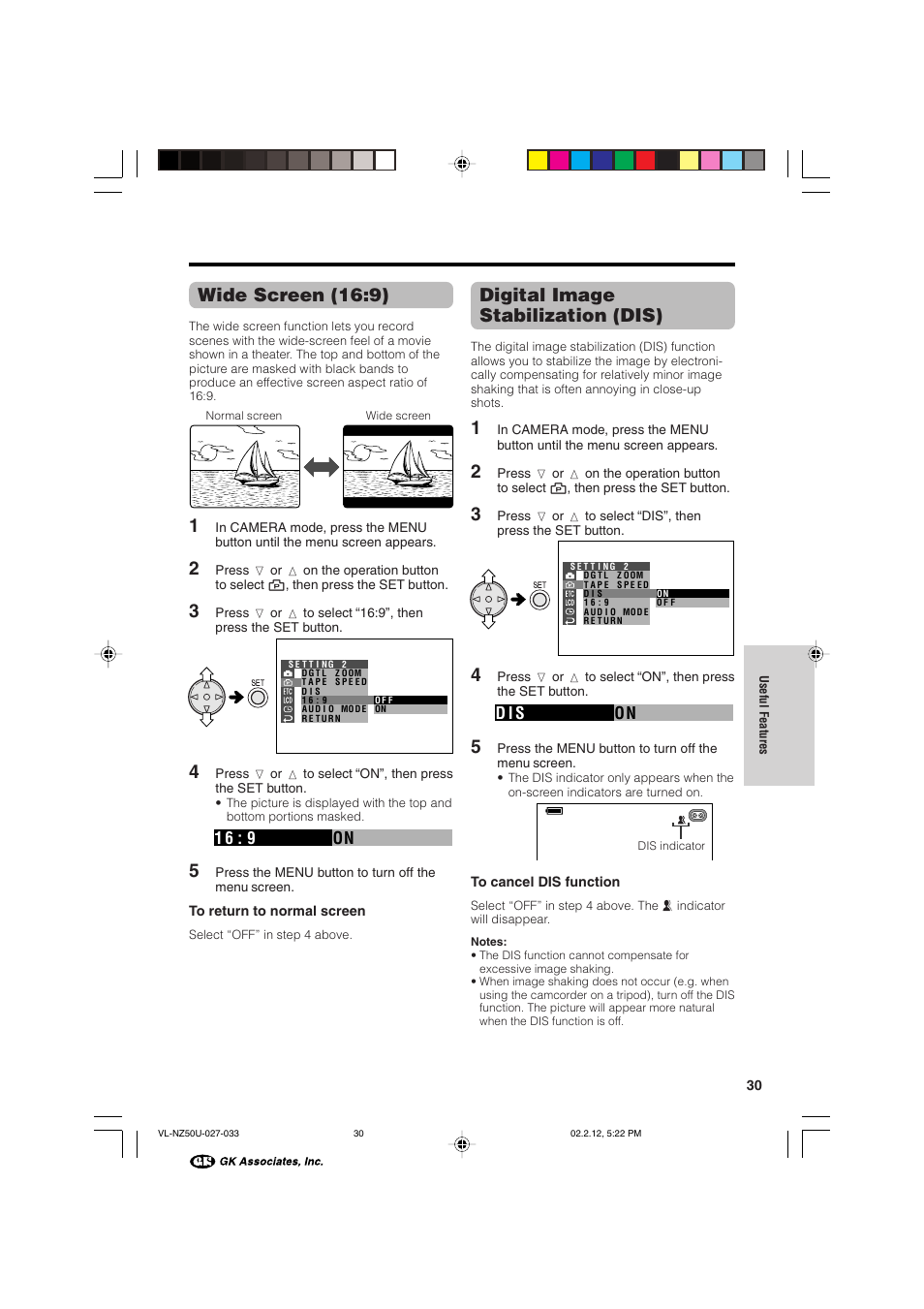 Wide screen (16:9), Digital image stabilization (dis), On 1 6 9 | On d i s | Sharp VL-NZ50U User Manual | Page 43 / 84