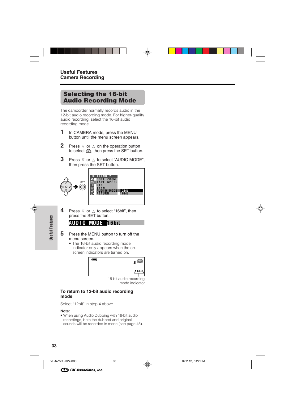 Selecting the 16-bit audio recording mode, 1 6 bit aud i o mode, Useful features camera recording | Sharp VL-NZ50U User Manual | Page 46 / 84