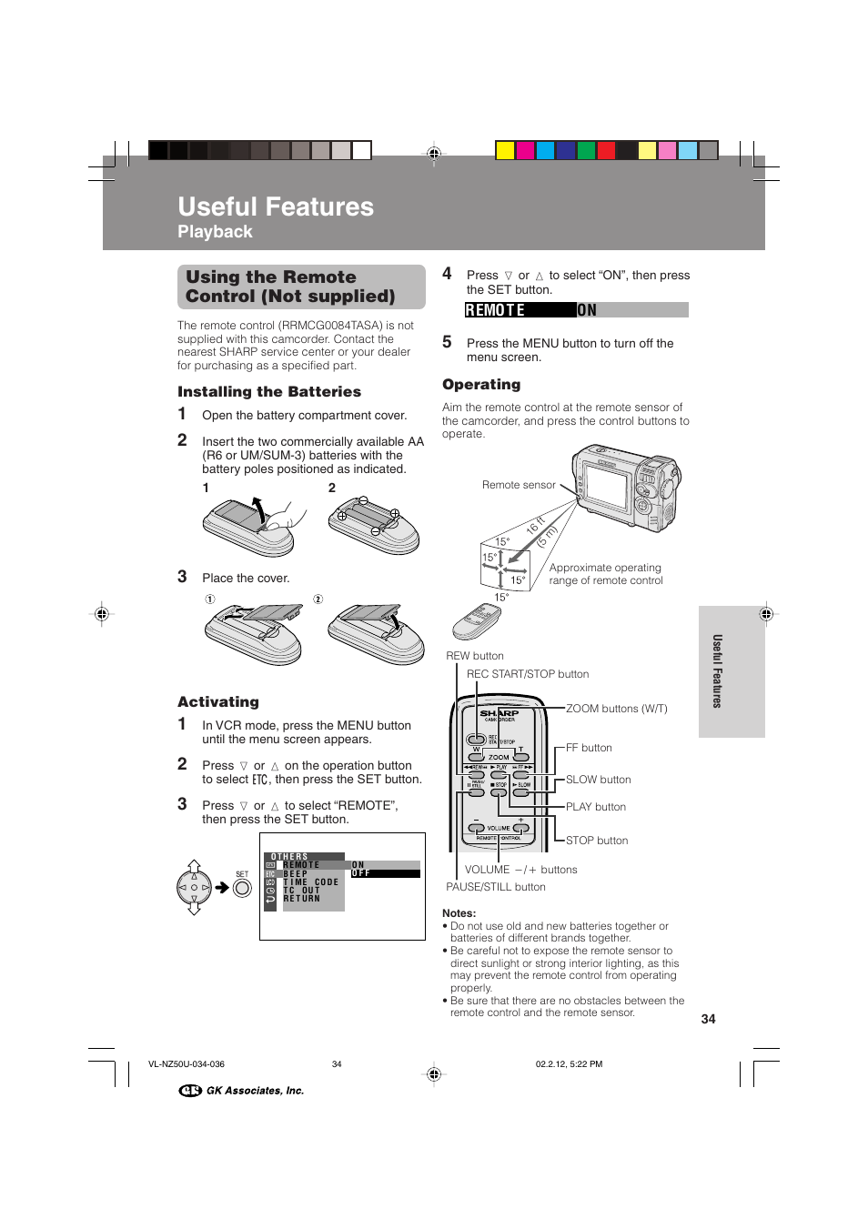 Useful features, Using the remote control (not supplied), Playback | Sharp VL-NZ50U User Manual | Page 47 / 84