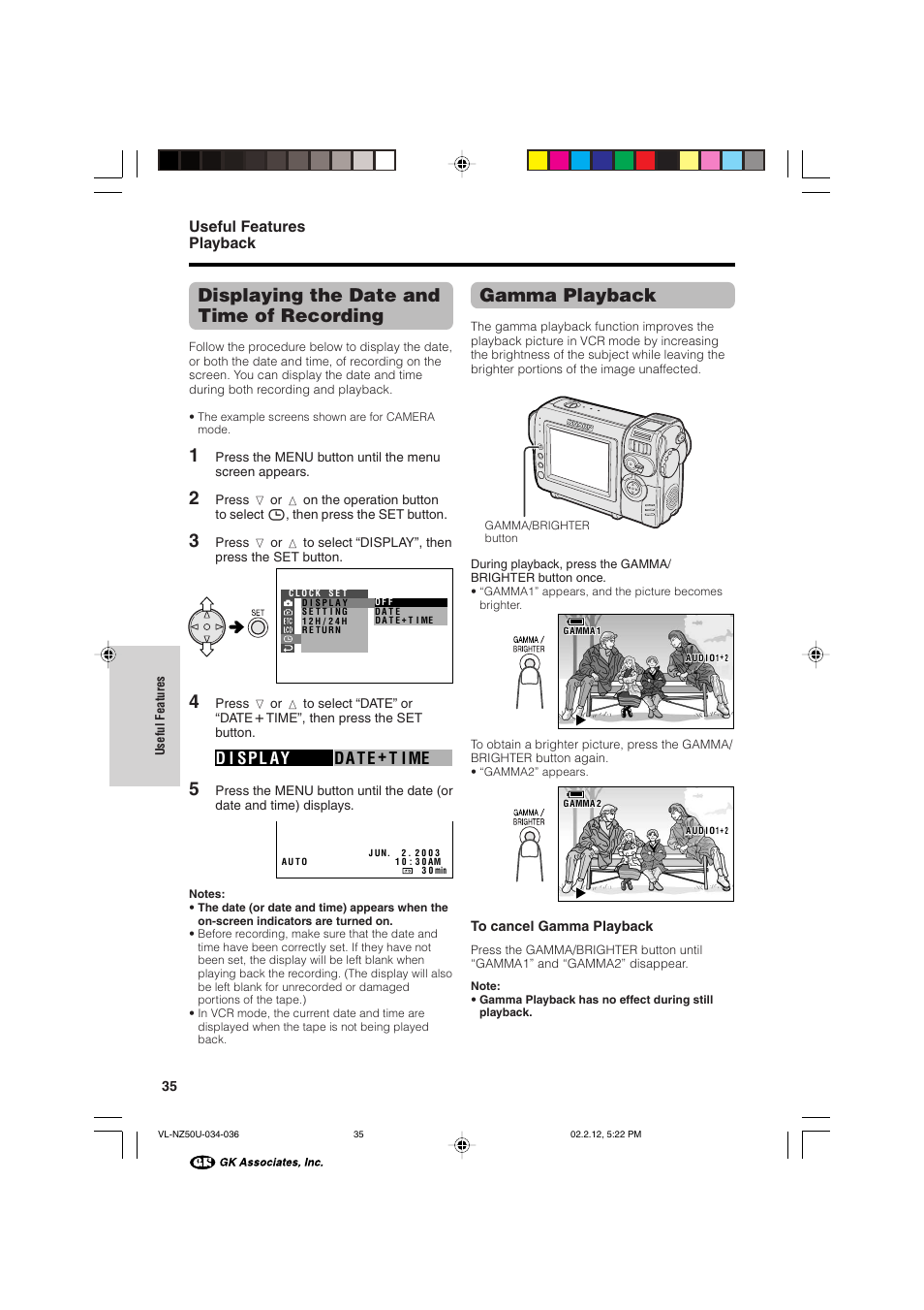 Displaying the date and time of recording, Gamma playback, D i spl ay da t e + t i me | Useful features playback | Sharp VL-NZ50U User Manual | Page 48 / 84