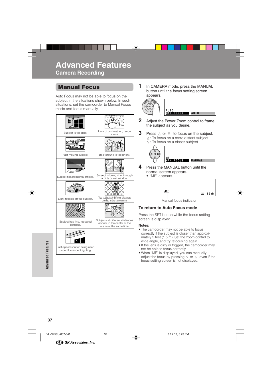 Advanced features, Manual focus, Camera recording | Advanced features camera recording | Sharp VL-NZ50U User Manual | Page 50 / 84