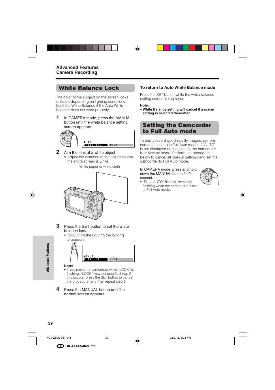 White balance lock, Setting the camcorder to full auto mode | Sharp VL-NZ50U User Manual | Page 52 / 84