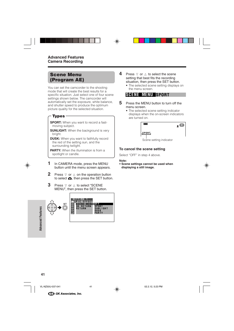 Scene menu (program ae), Sport sc e ne menu | Sharp VL-NZ50U User Manual | Page 54 / 84