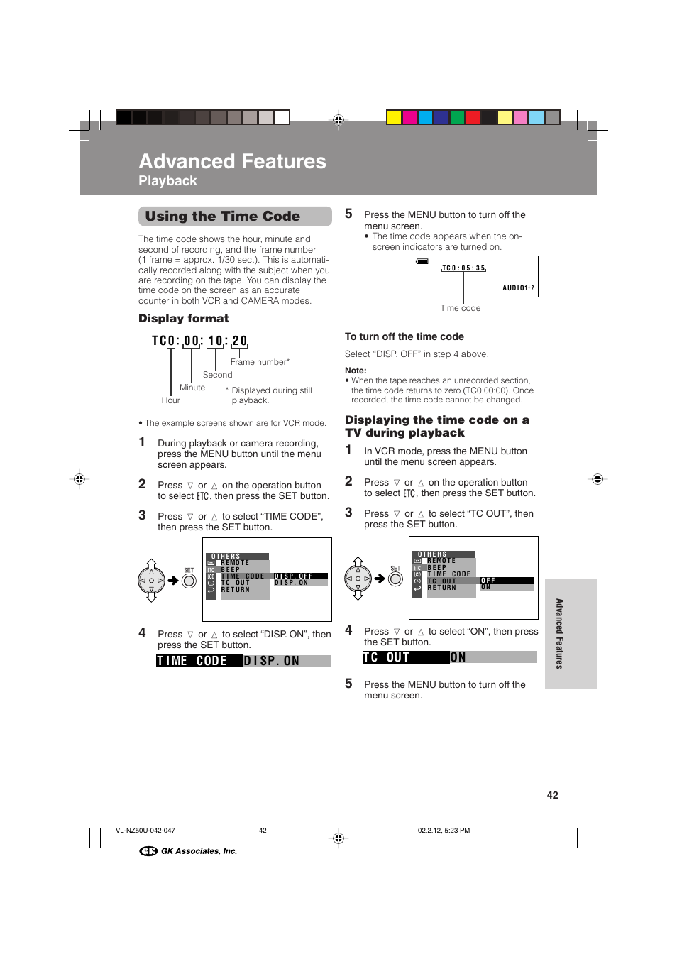 Advanced features, Using the time code, Playback 5 | D i sp. on t i me code, On t c ou t | Sharp VL-NZ50U User Manual | Page 55 / 84