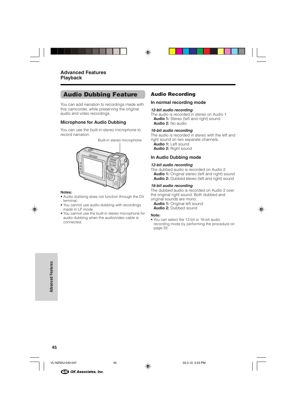 Audio dubbing feature, Advanced features playback, Audio recording | Sharp VL-NZ50U User Manual | Page 58 / 84