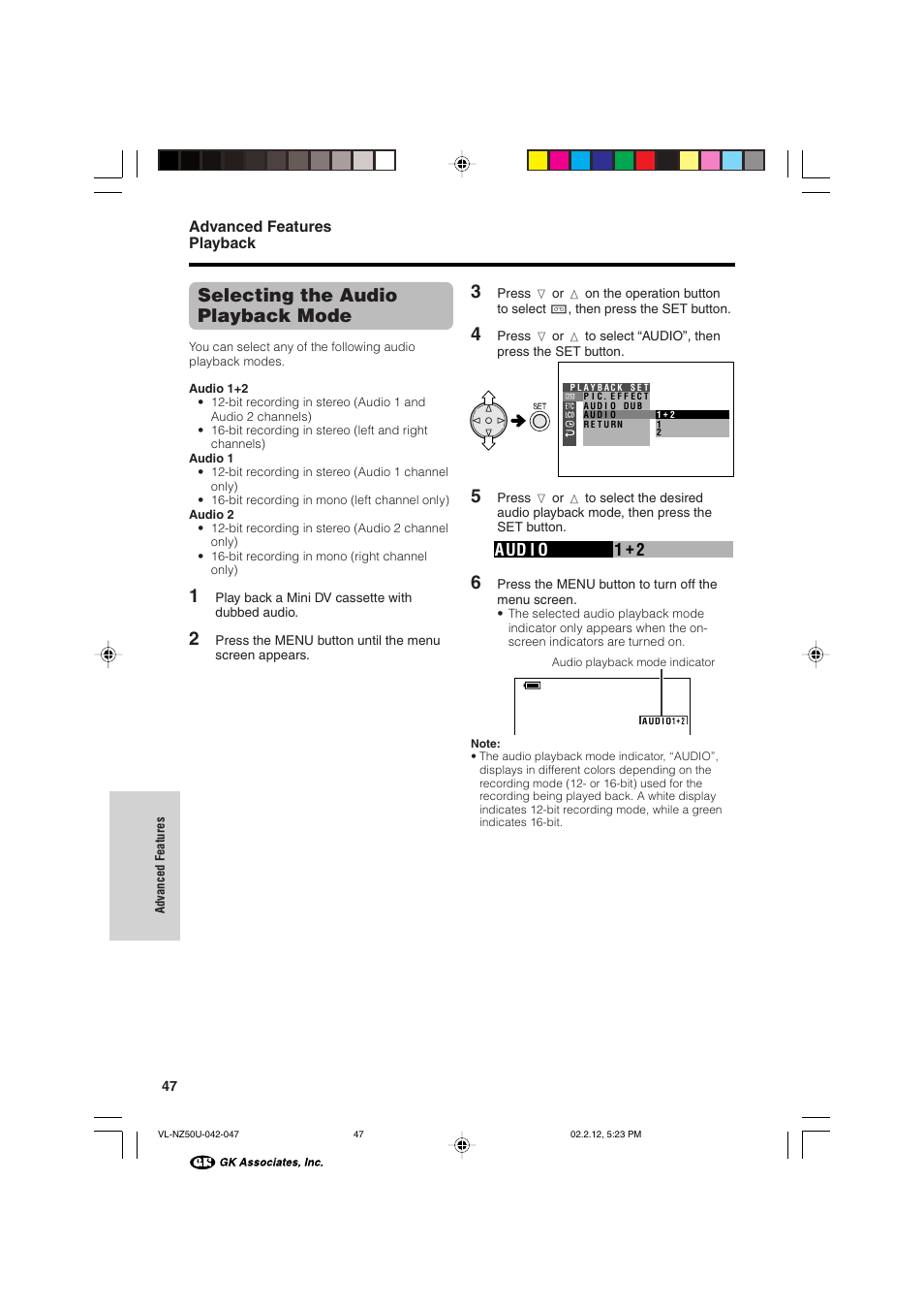 Selecting the audio playback mode, Aud i o 1 2, Advanced features playback | Sharp VL-NZ50U User Manual | Page 60 / 84