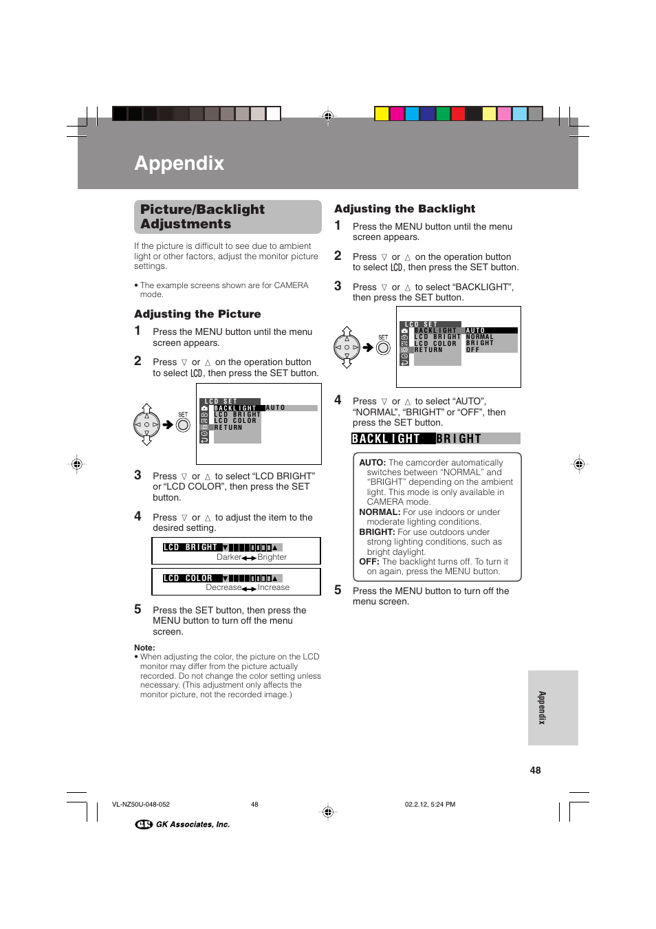 Appendix, Picture/backlight adjustments | Sharp VL-NZ50U User Manual | Page 61 / 84