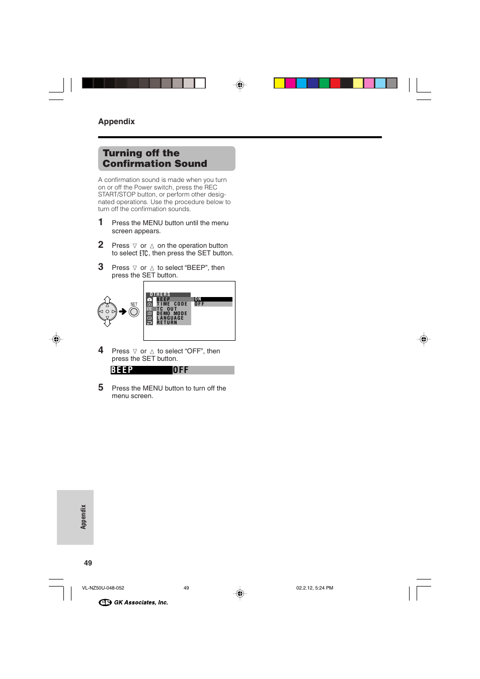 Turning off the confirmation sound | Sharp VL-NZ50U User Manual | Page 62 / 84