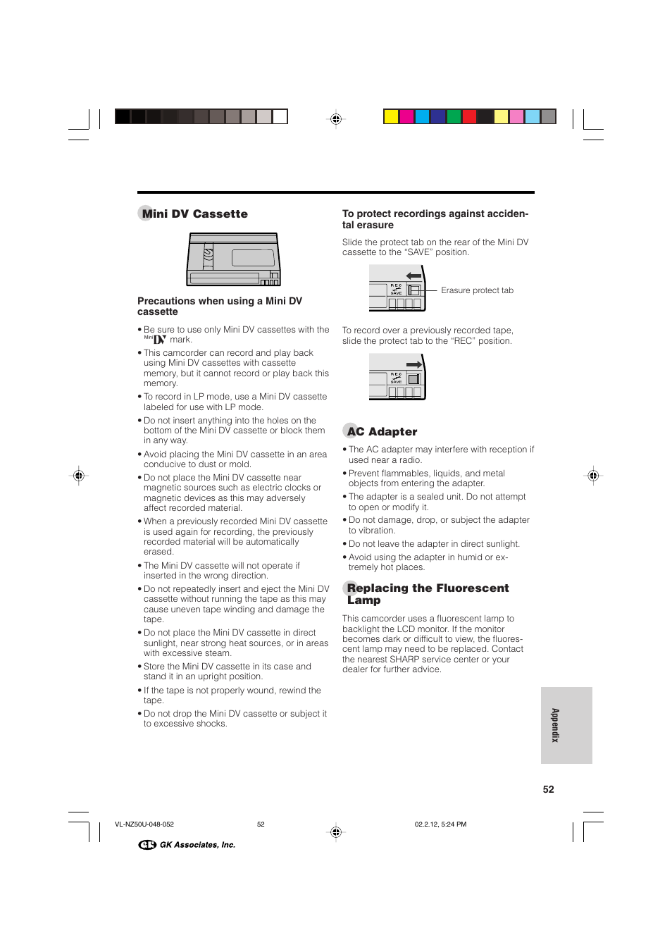 Mini dv cassette, Ac adapter, Replacing the fluorescent lamp | Sharp VL-NZ50U User Manual | Page 65 / 84