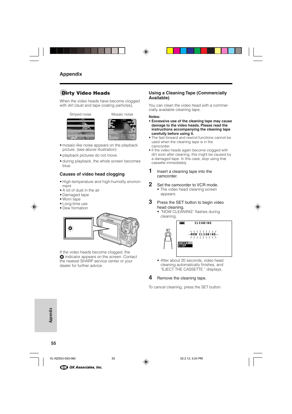 Appendix, Dirty video heads | Sharp VL-NZ50U User Manual | Page 68 / 84