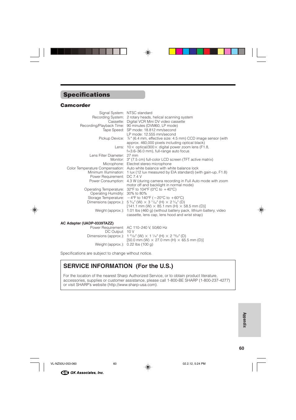 Specifications, Service information (for the u.s.), Camcorder | Sharp VL-NZ50U User Manual | Page 73 / 84