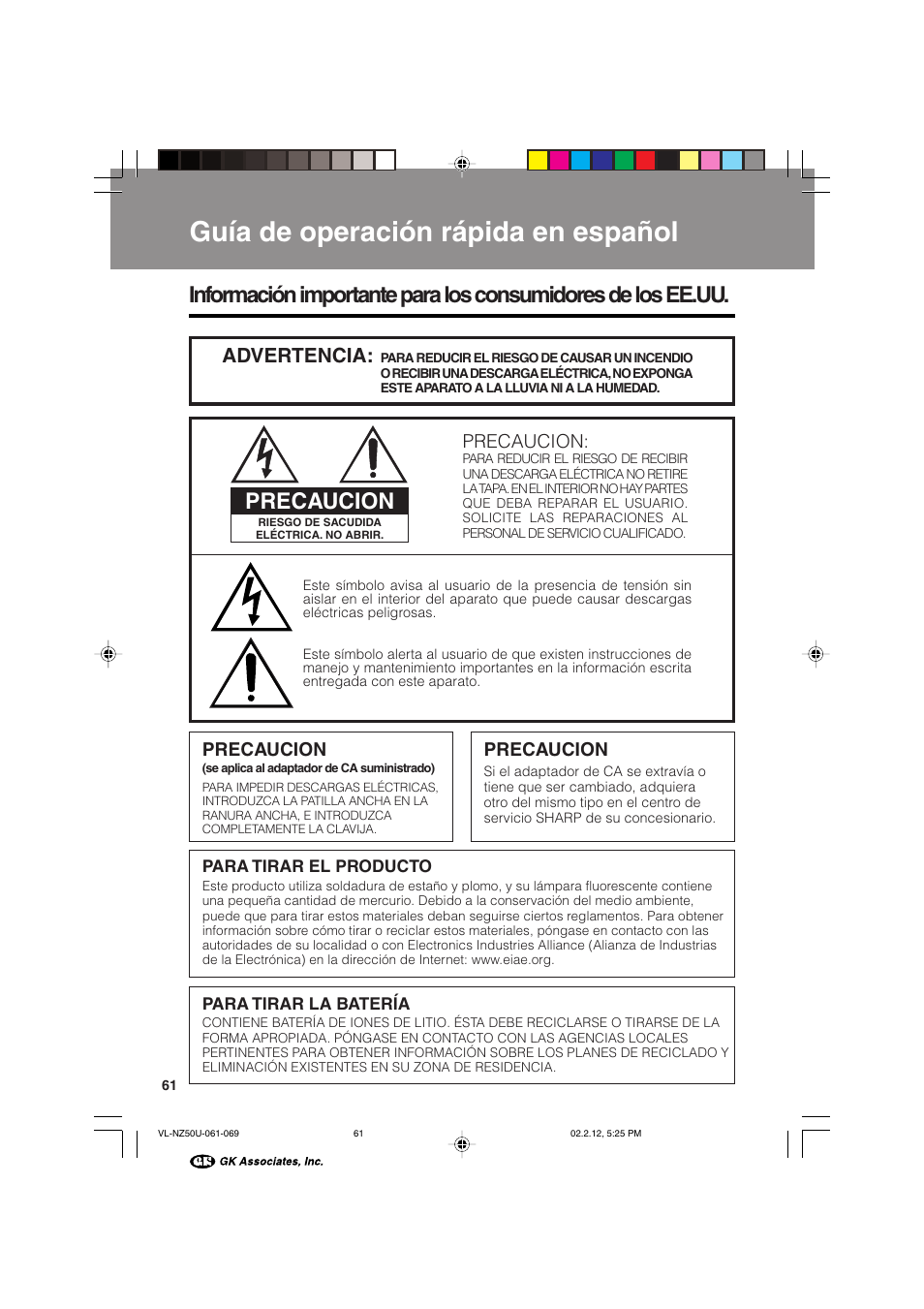 Guía de operación rápida en español, Precaucion, Advertencia | Sharp VL-NZ50U User Manual | Page 74 / 84