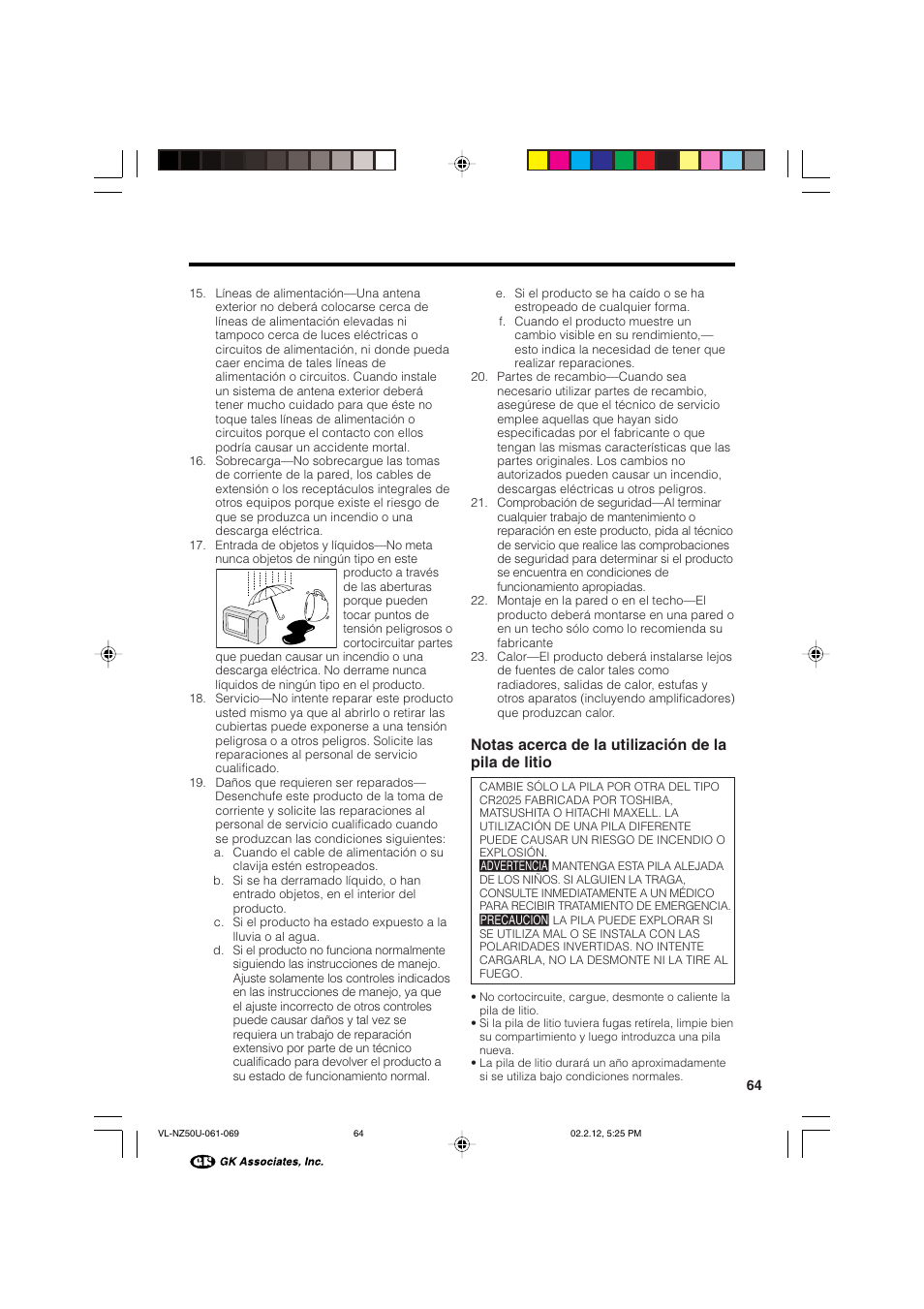 Notas acerca de la utilización de la pila de litio | Sharp VL-NZ50U User Manual | Page 77 / 84