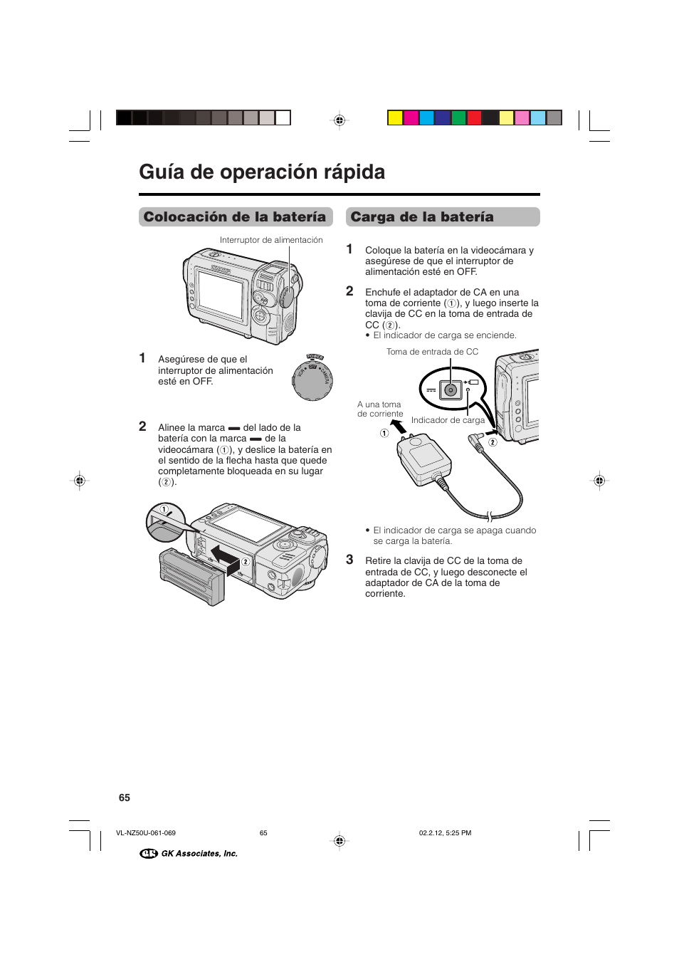 Guía de operación rápida, Colocación de la batería 1, Carga de la batería 1 | Sharp VL-NZ50U User Manual | Page 78 / 84