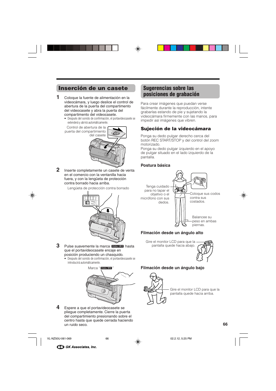 Sugerencias sobre las posiciones de grabación, Inserción de un casete 1, Sujeción de la videocámara | Sharp VL-NZ50U User Manual | Page 79 / 84