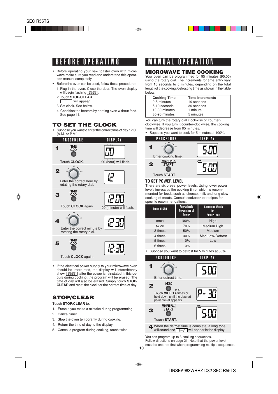 Stop/clear, Microwave time cooking | Sharp R-55TS User Manual | Page 12 / 28