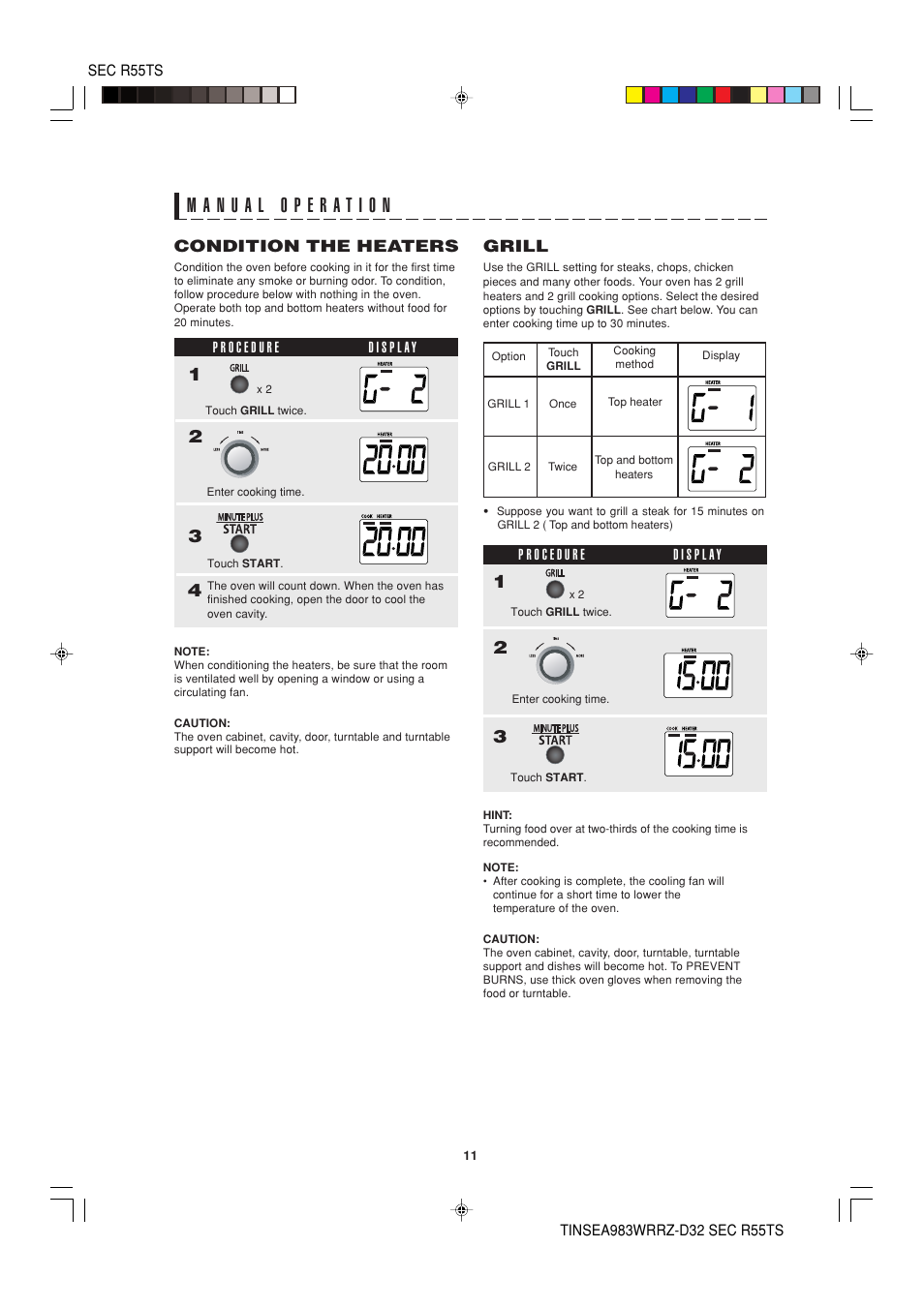 Grill, Condition the heaters | Sharp R-55TS User Manual | Page 13 / 28