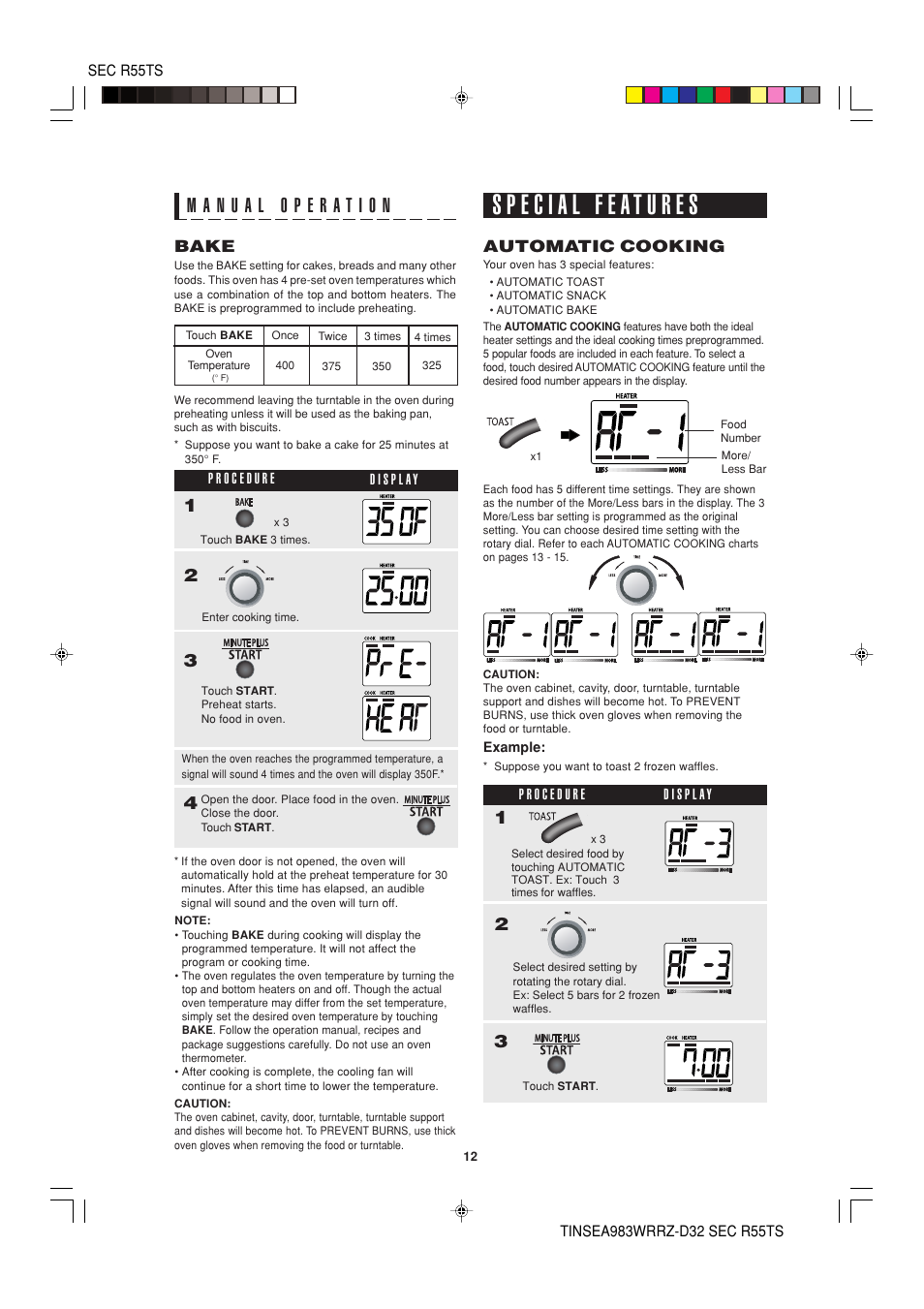 Bake, Automatic cooking | Sharp R-55TS User Manual | Page 14 / 28