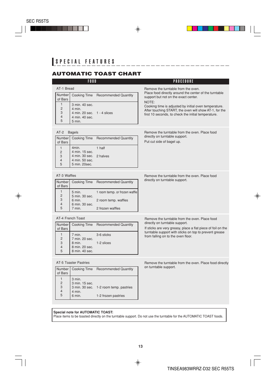 Automatic toast chart | Sharp R-55TS User Manual | Page 15 / 28