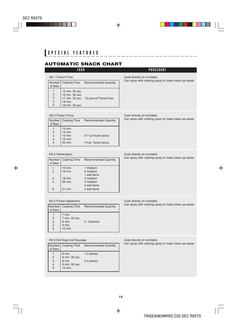 Automatic snack chart | Sharp R-55TS User Manual | Page 16 / 28