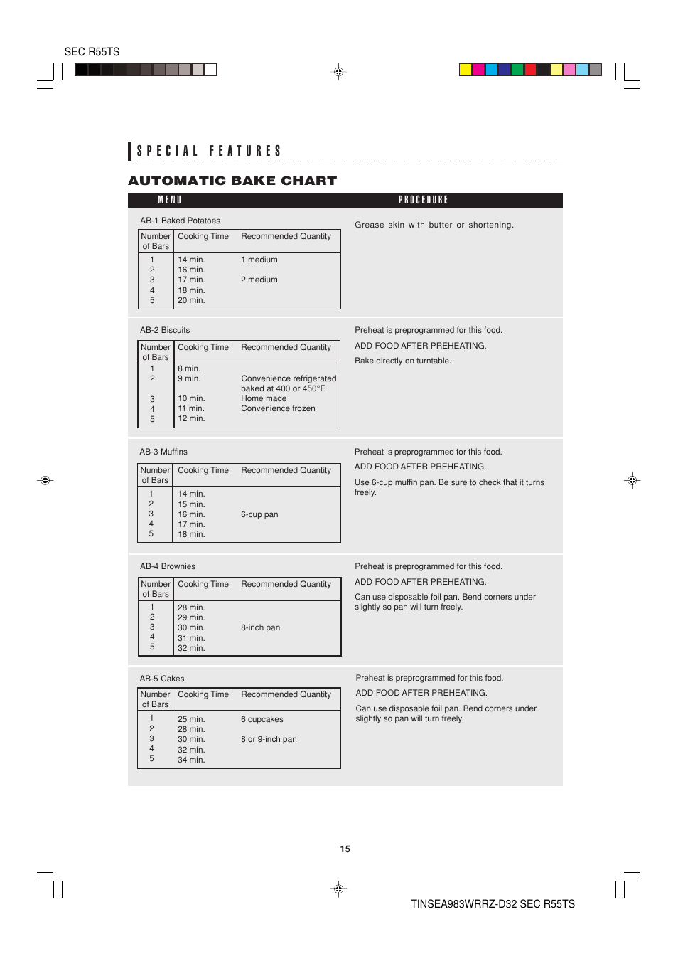 Automatic bake chart | Sharp R-55TS User Manual | Page 17 / 28