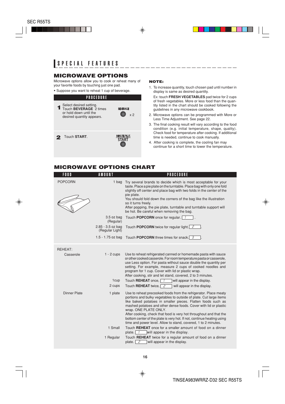 Microwave options microwave options chart | Sharp R-55TS User Manual | Page 18 / 28