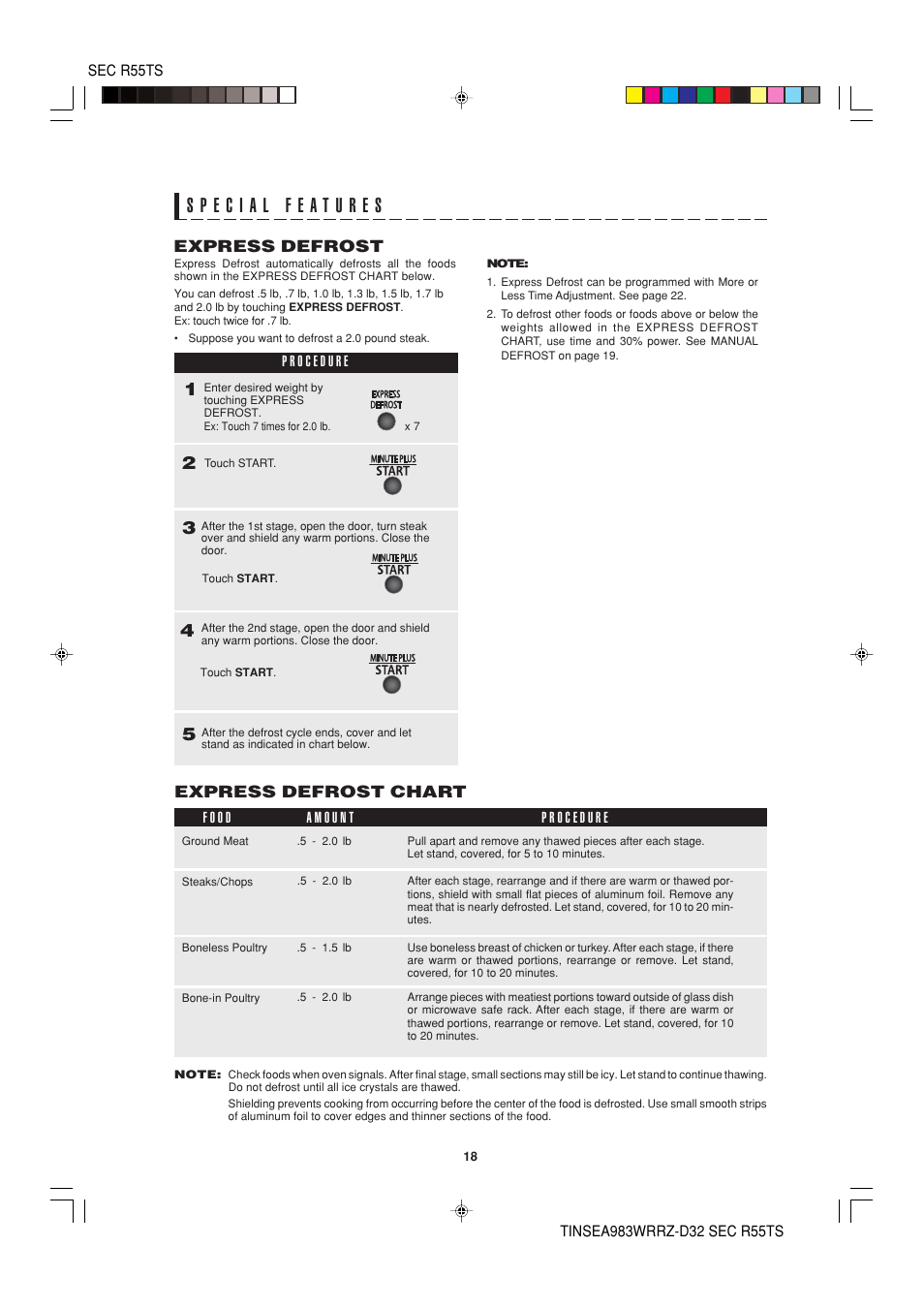 Express defrost, Express defrost chart | Sharp R-55TS User Manual | Page 20 / 28