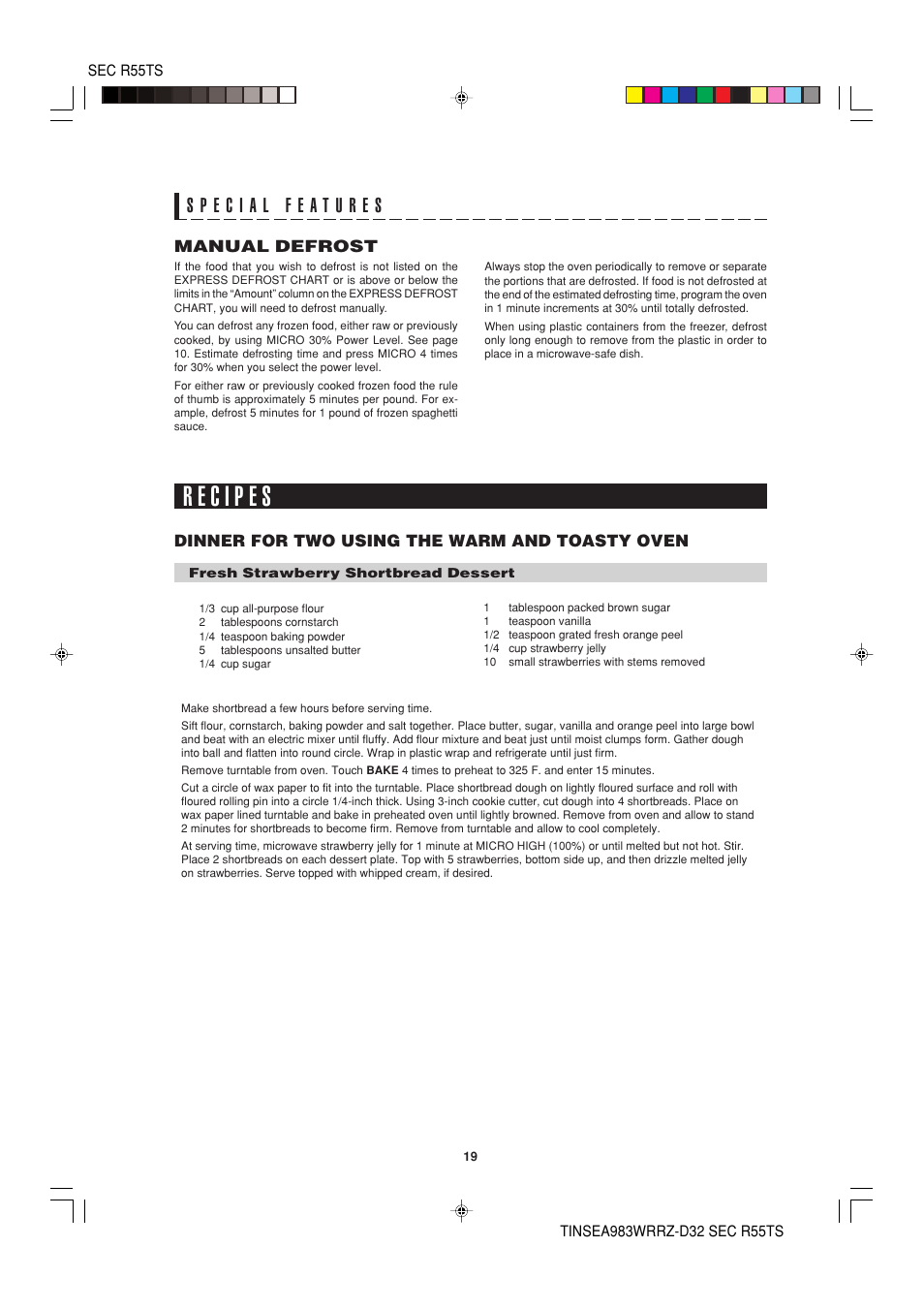 Manual defrost, Dinner for two using the warm and toasty oven | Sharp R-55TS User Manual | Page 21 / 28