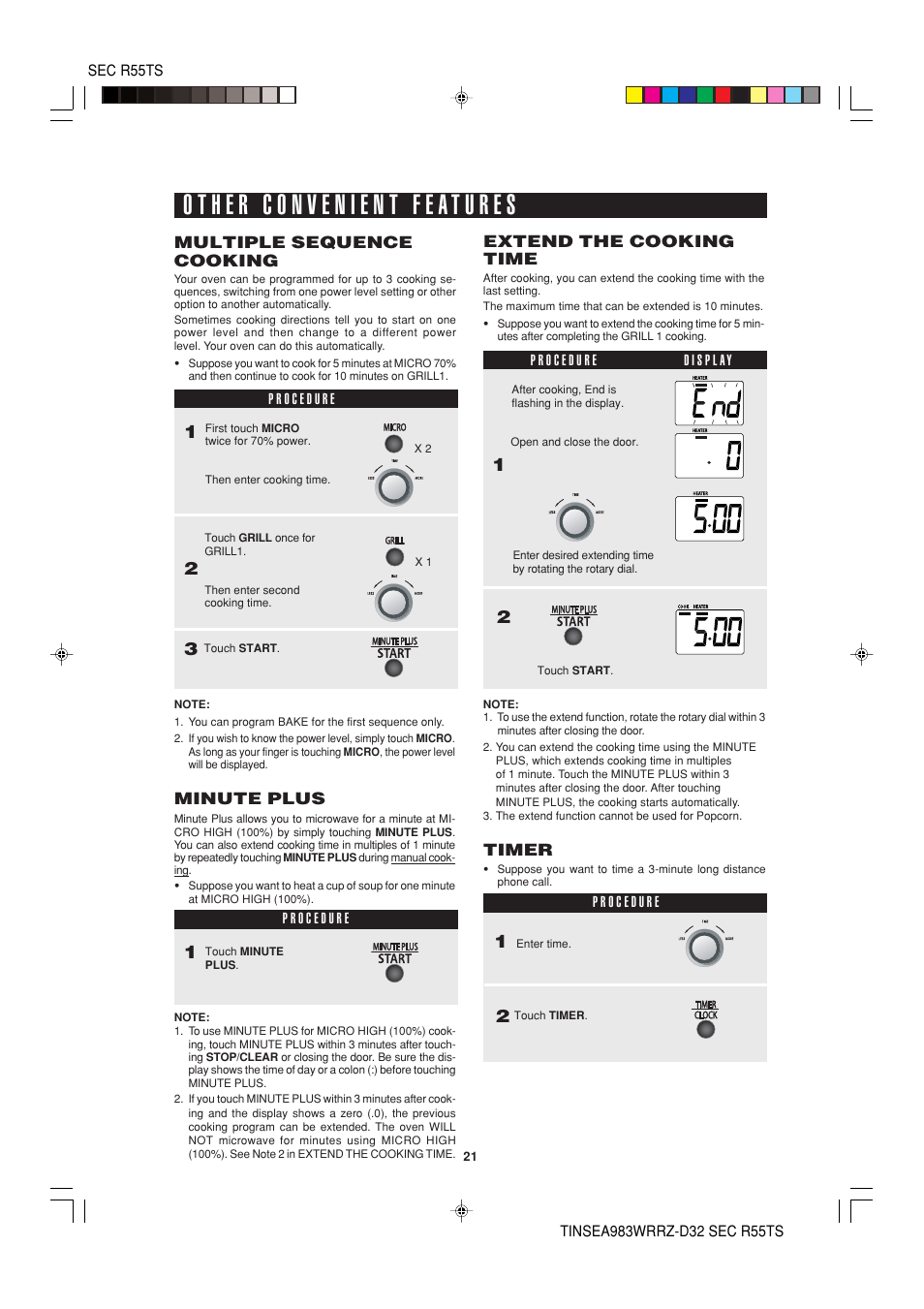 Multiple sequence cooking, Extend the cooking time, Minute plus | Timer | Sharp R-55TS User Manual | Page 23 / 28