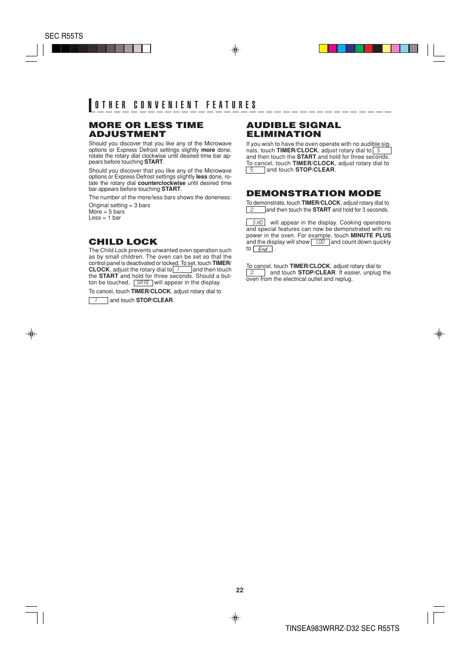 Demonstration mode, Audible signal elimination, More or less time adjustment | Child lock | Sharp R-55TS User Manual | Page 24 / 28