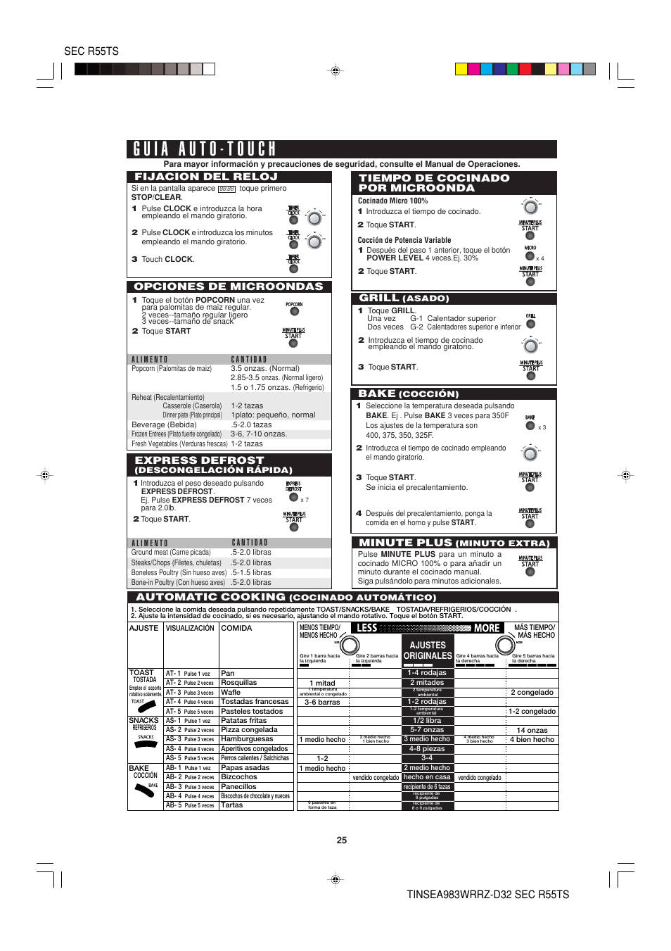 Automatic cooking, Tiempo de cocinado por microonda, Fijacion del reloj | Express defrost, Minute plus, Opciones de microondas bake, Grill | Sharp R-55TS User Manual | Page 27 / 28