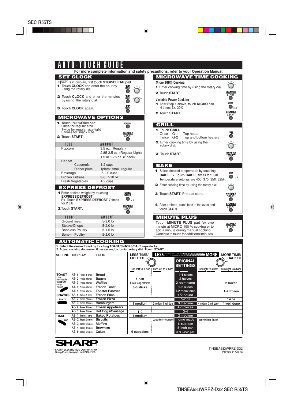 Automatic cooking microwave time cooking, Set clock, Express defrost minute plus | Microwave options bake, Grill | Sharp R-55TS User Manual | Page 28 / 28